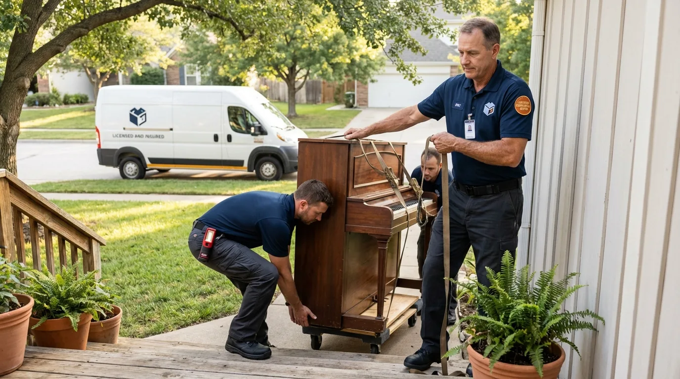 Licensed piano movers securing grand piano in Sublimity, OR
