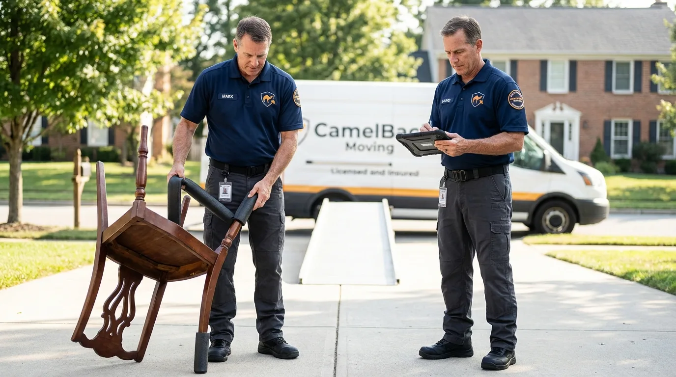 Movers inspecting furniture for damage prevention before loading in Sublimity, OR